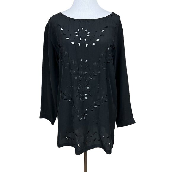 CLUB MONACO Tunic Top Womens Small Black Silk Eyelet 3/4 Sleeve Sheer Blouse S‎ - Picture 1 of 16